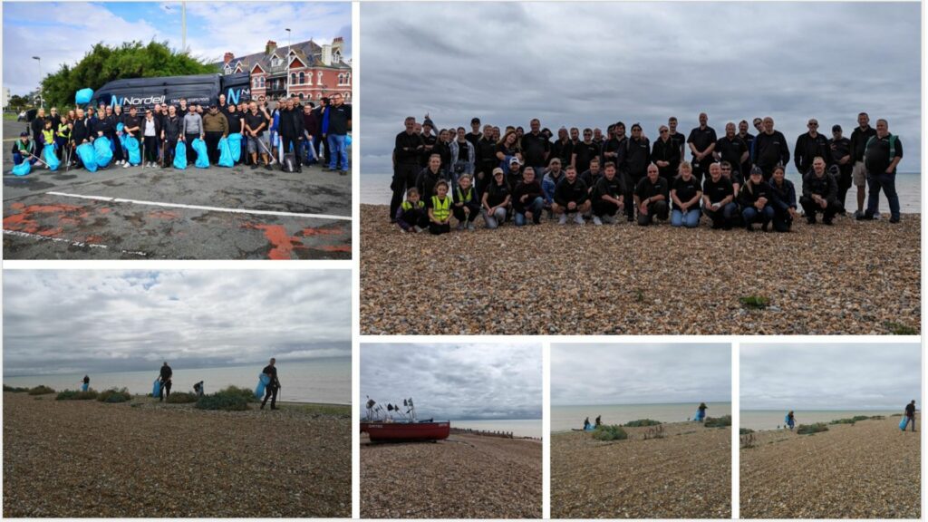 A montage of images to show Nordell workers carrying out the annual beach clean in Worthing.